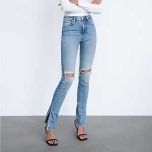 ZARA Ripped Full Length High Rise Split Jeans